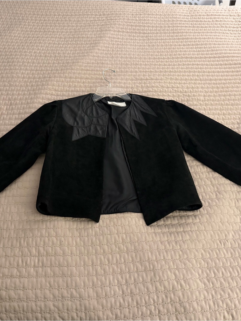 Black Suede Cropped Jacket with Leather Yoke